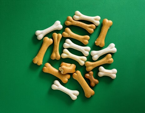 dog treats in bone shape on green surface overhead view text space available