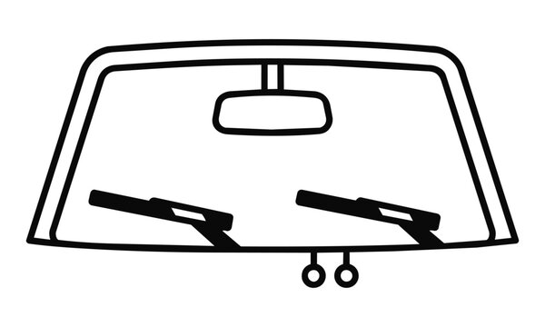Minimalist monoline icon of a futuristic car windshield with wipers and rearview mirror isolated on a white background automotive technology concept