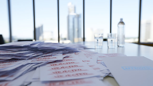 A stark visual contrast of numerous rejected documents against a single accepted paper, symbolizing business outcomes and decision-making in a corporate setting