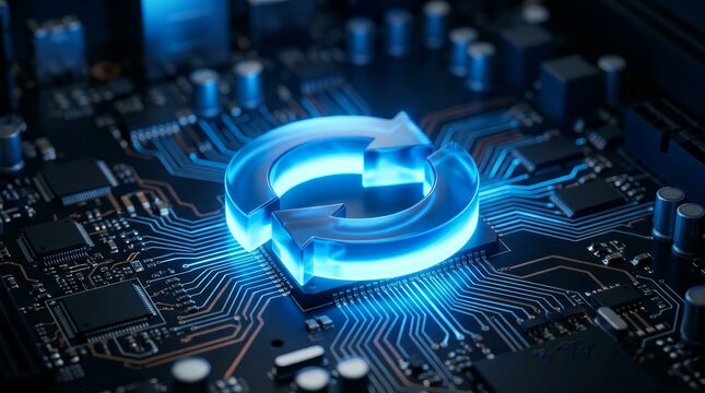 A glowing blue refresh button sits on a computer motherboard symbolizing technology and innovation.