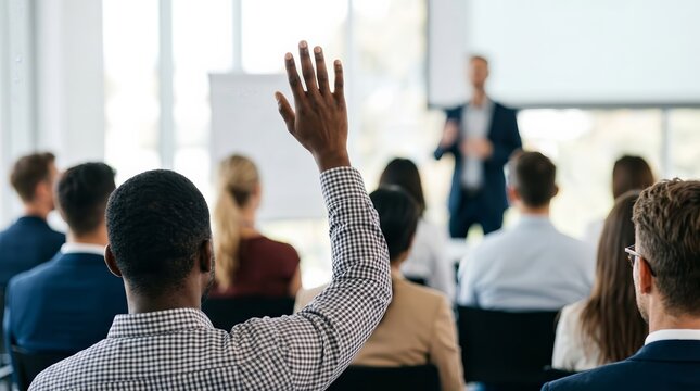 Diverse people raising hands during an active Q&A session at a business conference.