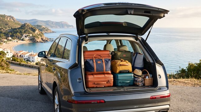 Road Trip Ready: A fully packed car trunk brimming with luggage sits on a scenic overlook, with a picturesque coastal town and azure sea in the background, promising an unforgettable adventure.
