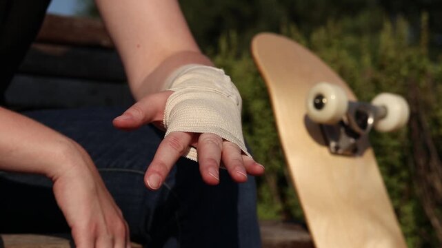 Wrist injury sustained while skateboarding. Close-up of girl's hand wrapped in elastic bandage, wooden skateboard next to it. Concept of sports injuries, first aid and safety during extreme sports