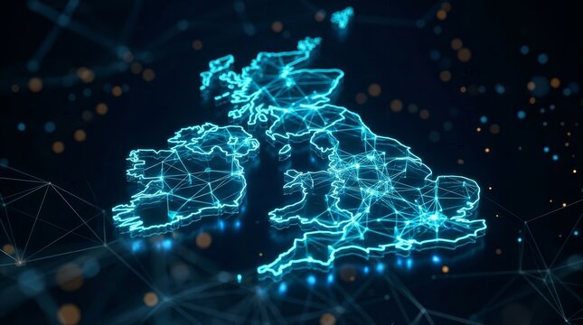 Glowing blue map of the UK and Europe with a network of digital connections.