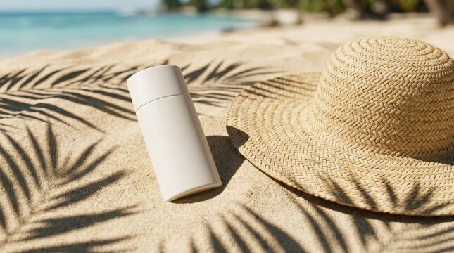 A white sunscreen bottle and straw hat resting on sandy beach for summer vacation concepts.