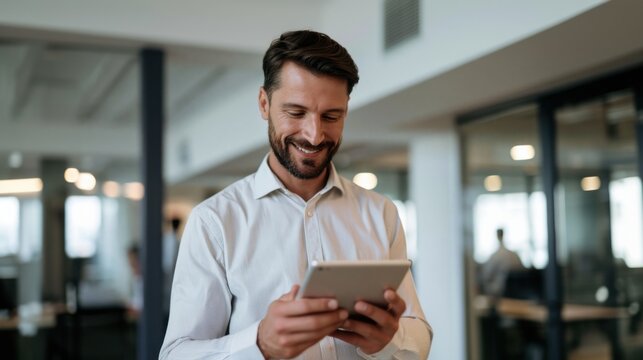 Happy young business man executive holding pad computer at work. Male professional employee using digital tablet fintech device standing in office checking financial online market data