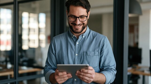 Happy young business man executive holding pad computer at work. Male professional employee using digital tablet fintech device standing in office checking financial online market data