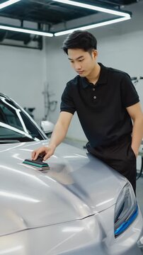 Automotive Detailer Polishing Car Paintwork with Machine in Modern Garage Workshop for Professional Auto Care and Restoration