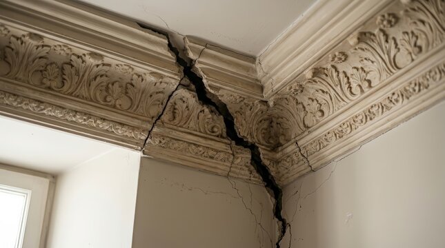 Cracked plaster wall showing building damage and structural issues needing repair.
