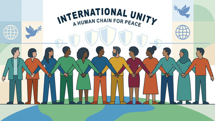 Diverse people standing together to represent equality, inclusion, peace, solidarity, human rights, multicultural cooperation, and global friendship.