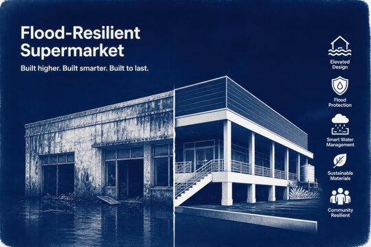 Flood resilient supermarket design with elevated retail building concept