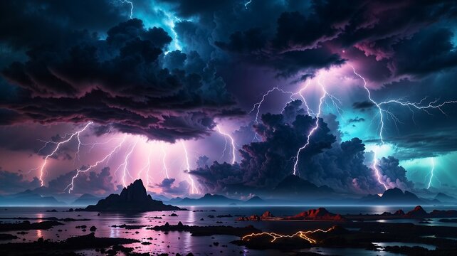 Dramatic night thunderstorm over seascape with purple and blue lightning bolts