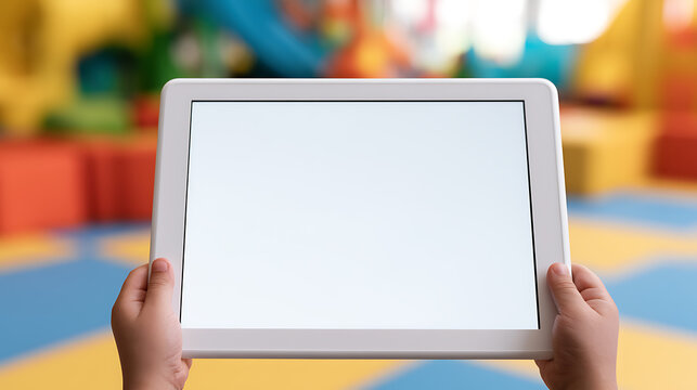Child's hand hold digital tablet with blank screen in colorful soft play area; perfect for mockups and educational technology themes