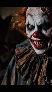 Scary clown with evil makeup walks in dark room for horror background