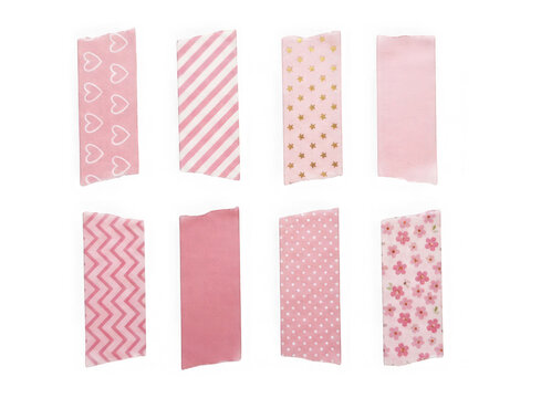 Set of eight pink decorative washi tape strips with various patterns isolated on transparent background