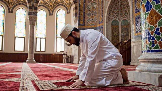 Muslim man performing prayer inside a traditional mosque with tile work