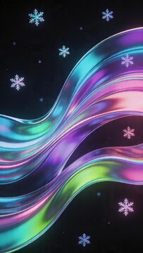 colorful abstract waves with glowing snowflakes on dark background