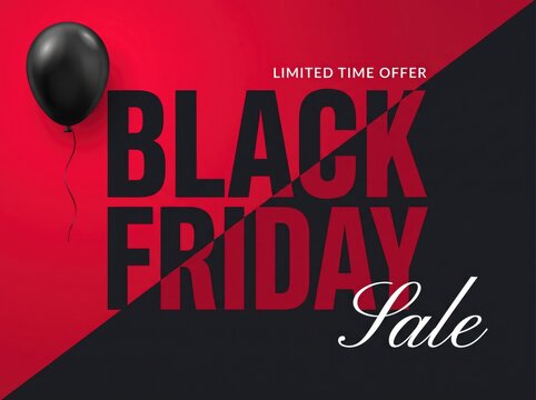 Black friday sale banner with red background and balloon