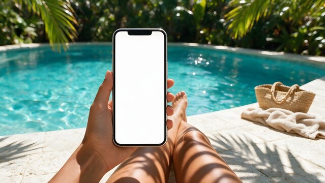 Smartphone held by hand over sparkling turquoise water at luxury summer resort pool displaying a blank white screen perfect for showcasing modern mobile app designs