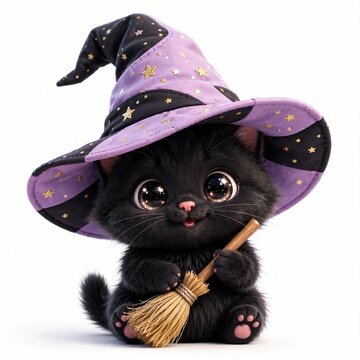 Cute 3D witch kitten black cat with witch hat