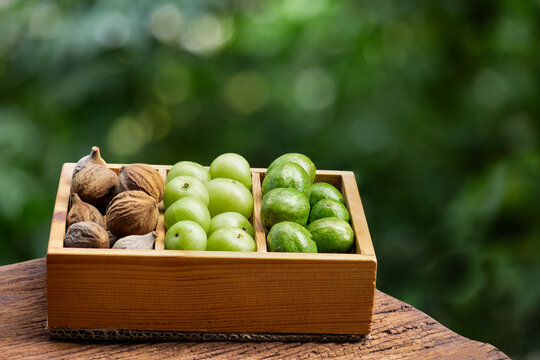 Indian Gooseberry ,terminalia chebula and terminalia bellirica fruits on natural background.