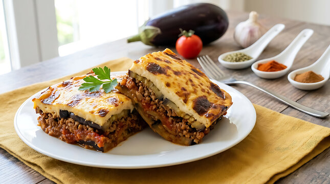 Two slices of traditional greek moussaka with layers of eggplant, minced meat, and b?chamel sauce on a white plate with spices and fresh vegetables