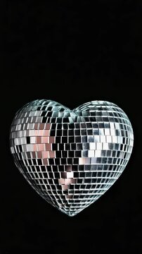 Heart-Shaped Disco Ball Reflects Light Against Black Background &ndash; Festive Celebration and Romantic Love Symbolism