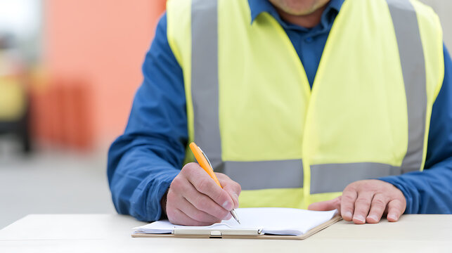 Industrial worker in high-visibility safety vest writes on a clipboard, documenting important information in a professional workplace environment