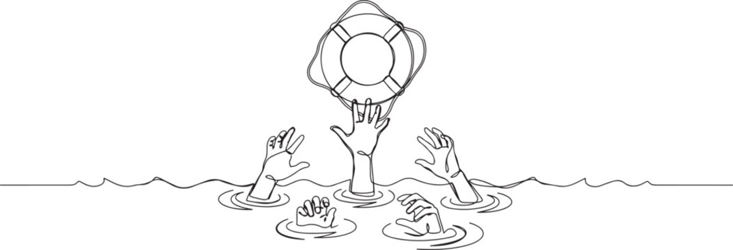 captures multiple hands reaching for a lifebuoy while drowning in the sea for an emergency help concept.one line vector drawing