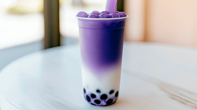 purple taro bubble milk tea with tapioca pearls in plastic takeaway cup creamy layered boba drink trendy asian beverage refreshing dessert cafe menu modern food photography copy space