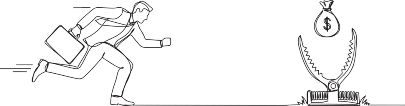 money trap business. Businessman running to catch money bag in the steel bear trap. Metaphor of greedy financial risk and bad solutions.one line vector drawing