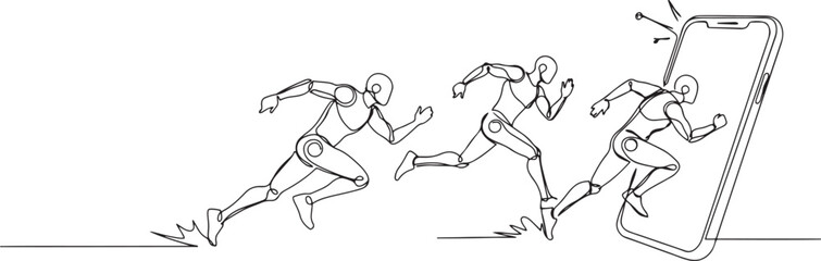 Fototapeta premium robots come out from cellular phone with runner pose. Modern robotics artificial intelligence technology.one line vector drawing