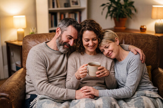 Throuple sharing quiet joy, curled together on armchair, intimate connection, warm lamplight