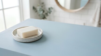 A plain white soap bar sitting in a small ceramic dish placed on the left third of a large soft blue bathroom surface, leaving most of the frame empty as negative space.