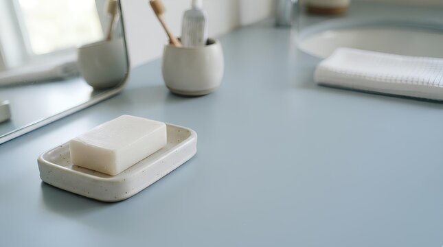 A plain white soap bar sitting in a small ceramic dish placed on the left third of a large soft blue bathroom surface, leaving most of the frame empty as negative space.