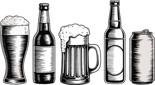 Beer drinks flat vector illustration. Vintage foamy mugs, glass bottles, pints, and an aluminum can create a retro bar set.