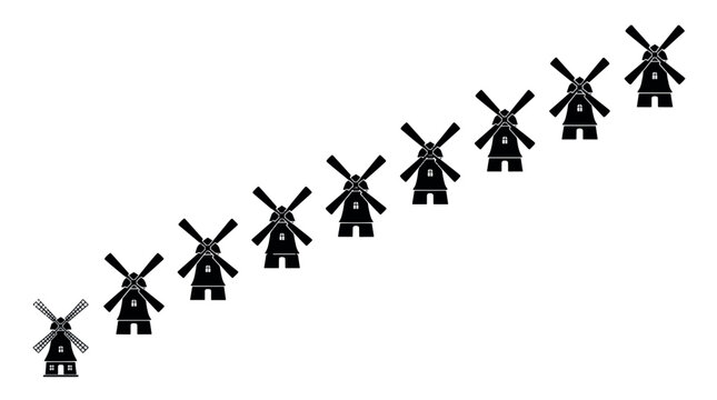 Traditional Windmill Trail Silhouette Set, Set of black wind mill vector symbols, Classic dutch farm building graphics on white background, windmill, silhouette, icons, vector, wind mill, farm.