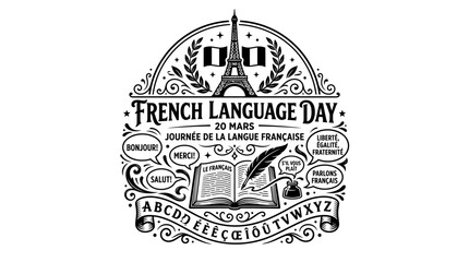Obraz premium French Language Day Commemorative Emblem Featuring Iconic Parisian Landmark and Cultural Symbols in a Decorative Vintage Illustration