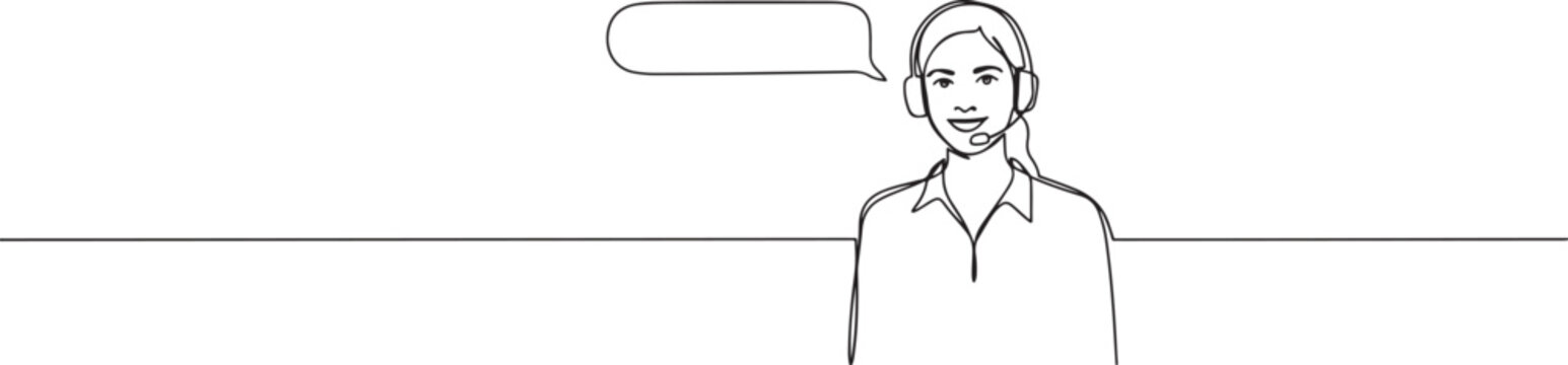 female customer support wearing headphones appears from behind the wall. Call the queue number. International Customer Support Day.one line vector drawing