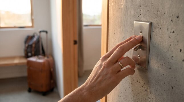 Hotel Room Entry: A close-up shot captures a woman's hand reaching out to flick a light switch on a textured concrete wall, suggesting entry into a hotel room. A suitcase sits in the background.