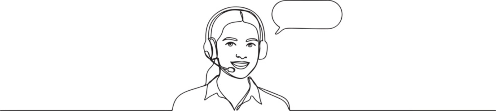 female customer support wearing headphones appears from behind the wall. Call the queue number. International Customer Support Day.one line vector drawing