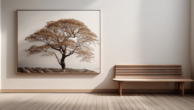 a serene landscape photograph of a tree displayed on a wall with a bench