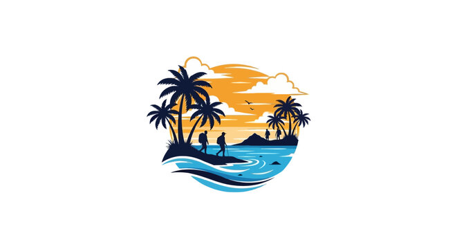 Tropical island circle logo with palms and ocean.