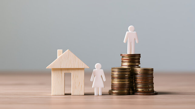 Conceptual image of gender inequality in wealth and property, with a male figure atop stacked coins, a female figure next to a house, and more