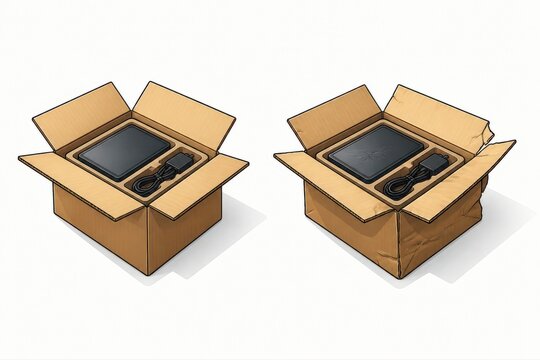 Cardboard shipping box comparison with protected device and damaged package