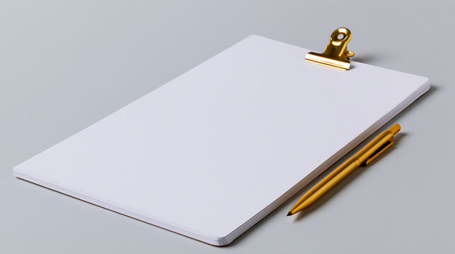Blank white clipboard with a golden clip and a matching gold pen, ready for notes or data entry on a clean gray background, minimalist office aesthetic