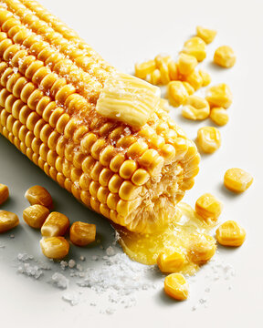 Freshly shucked sweet corn kernels with melted butter and ice crystals on white surface
