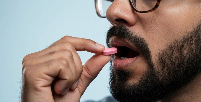 Man with beard and glasses puts pink pill into open mouth. Close up shot. Person takes tablet for health. Medicine intake, healthcare concept. Health.