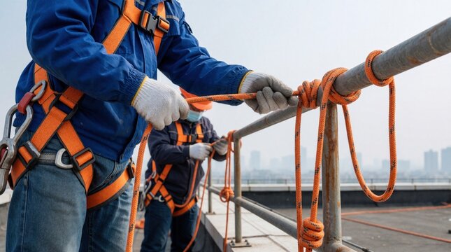 Industrial worker wears orange safety harness for height protection on roof. Professional instructor inspects rope, anchor equipment. Male construction engineer verifies fall prevention systems