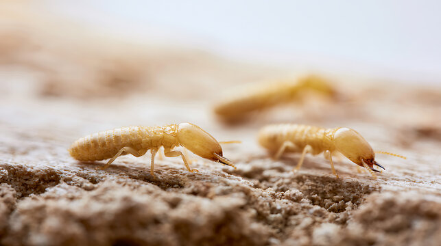 Subterranean termite close-up on damaged wood, showing pest activity and potential infestation problem for property owners at home